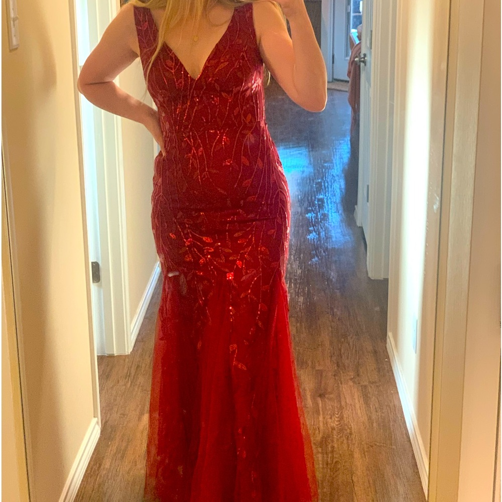 Fishtail sequin and embroidered evening dress